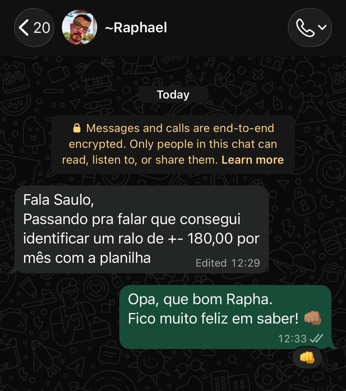 Depoimento de cliente no WhatsApp sobre a planilha