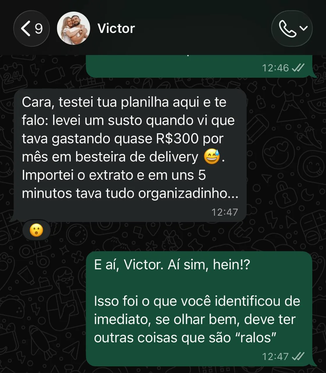 Depoimento de cliente no WhatsApp sobre a planilha